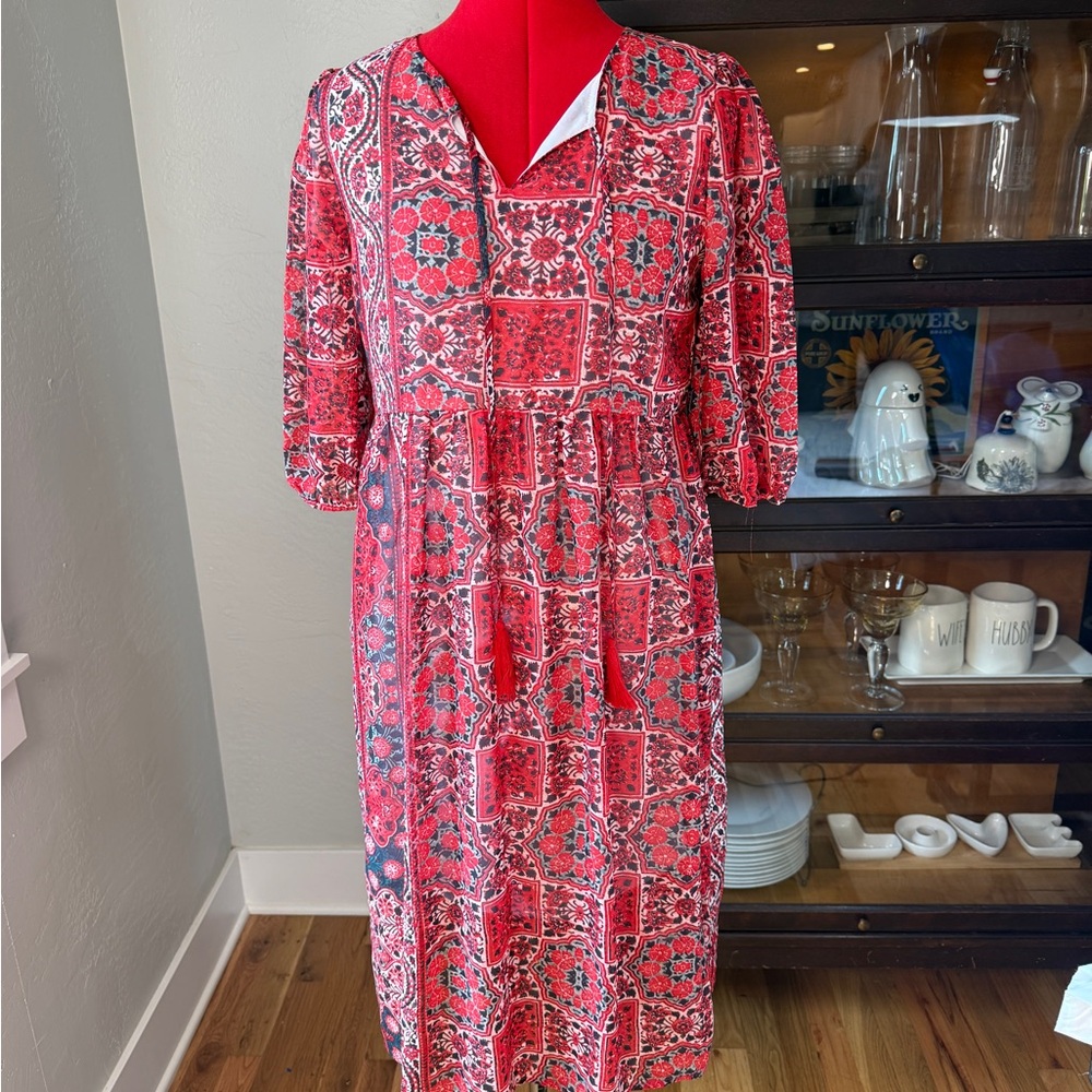 Piper & Scoot Red Floral Tile Print Puff Sleeve Midi Dress Size S